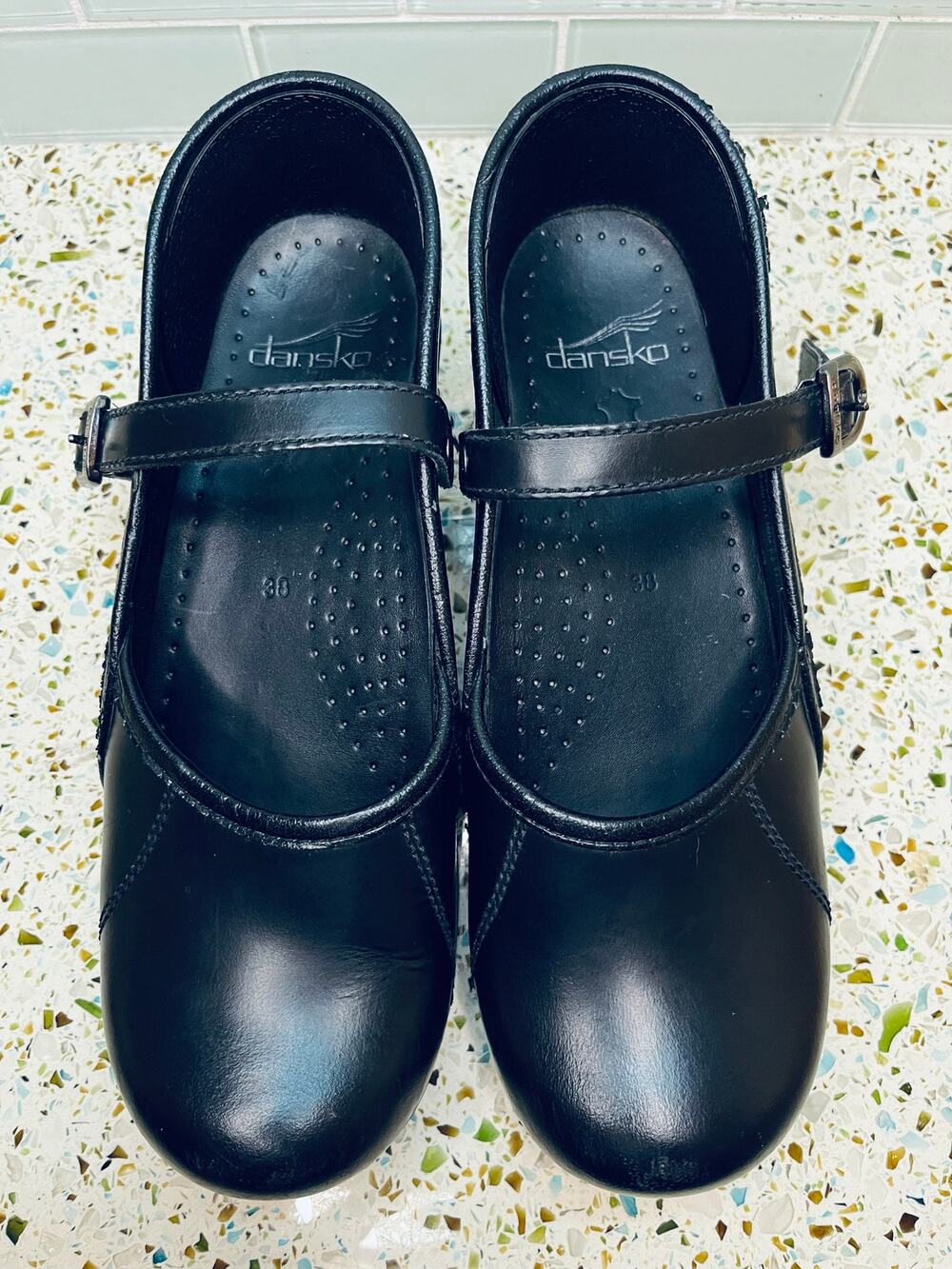 Dansko Black Leather Mary Jane Clogs EU 38 US 7.5 8 Comfort Buckle Shoes